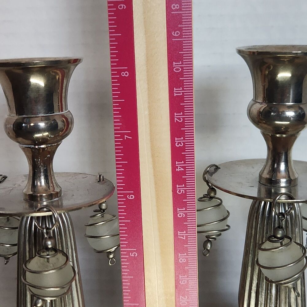 Pair Silvertone Candlestick Holders Art Deco/MCM style Atomic shape - Picture 2 of 11